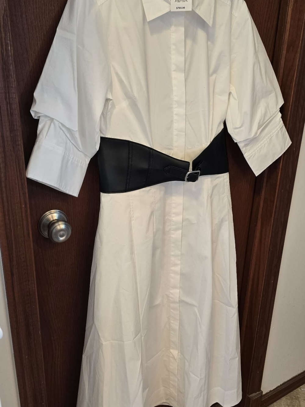 White Shirt Midi Dress with Black Waist Belt Accent